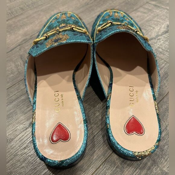 Gucci Princetown Slipper Slides Blue Gold Horsebit Mules - Picture 5 of 10
